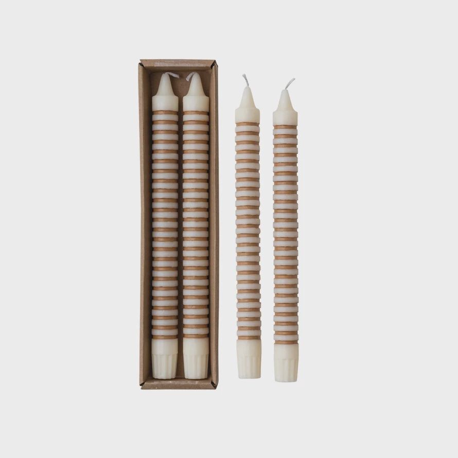 Unscented Striped Taper Candles in Box, Brown