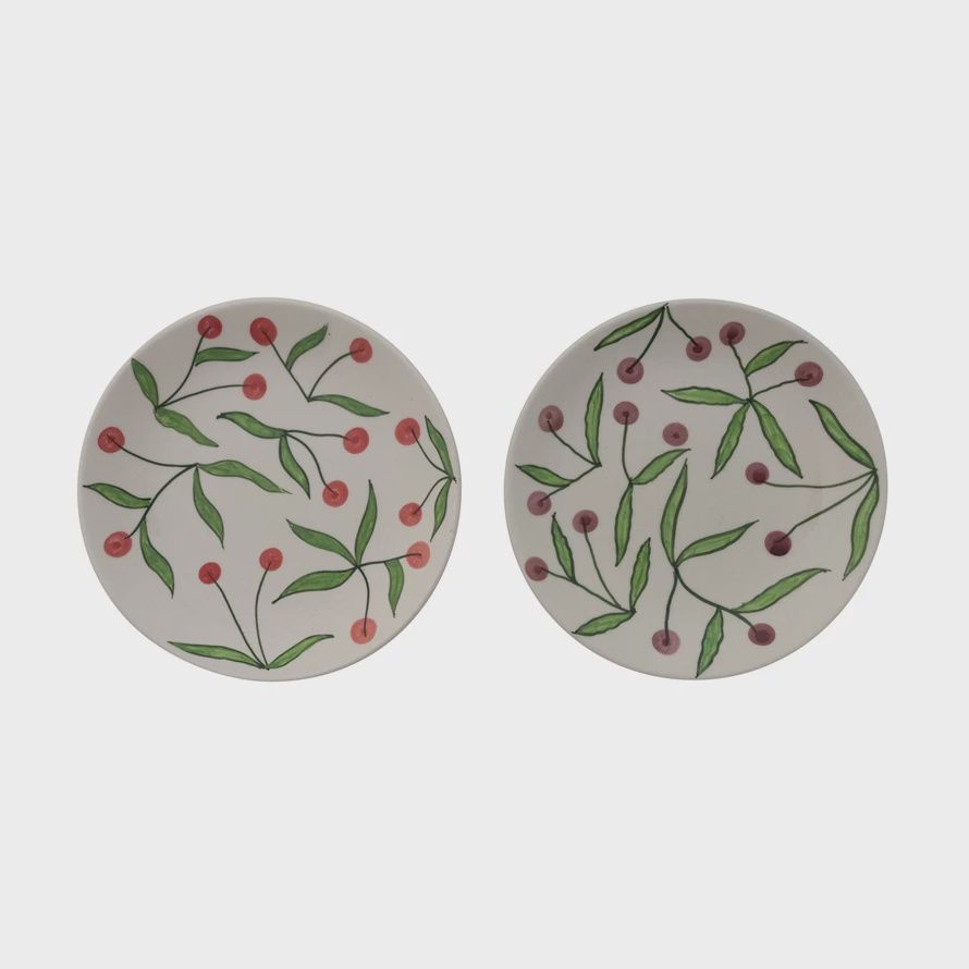 Round Hand-Painted Stoneware Plate with Cherries