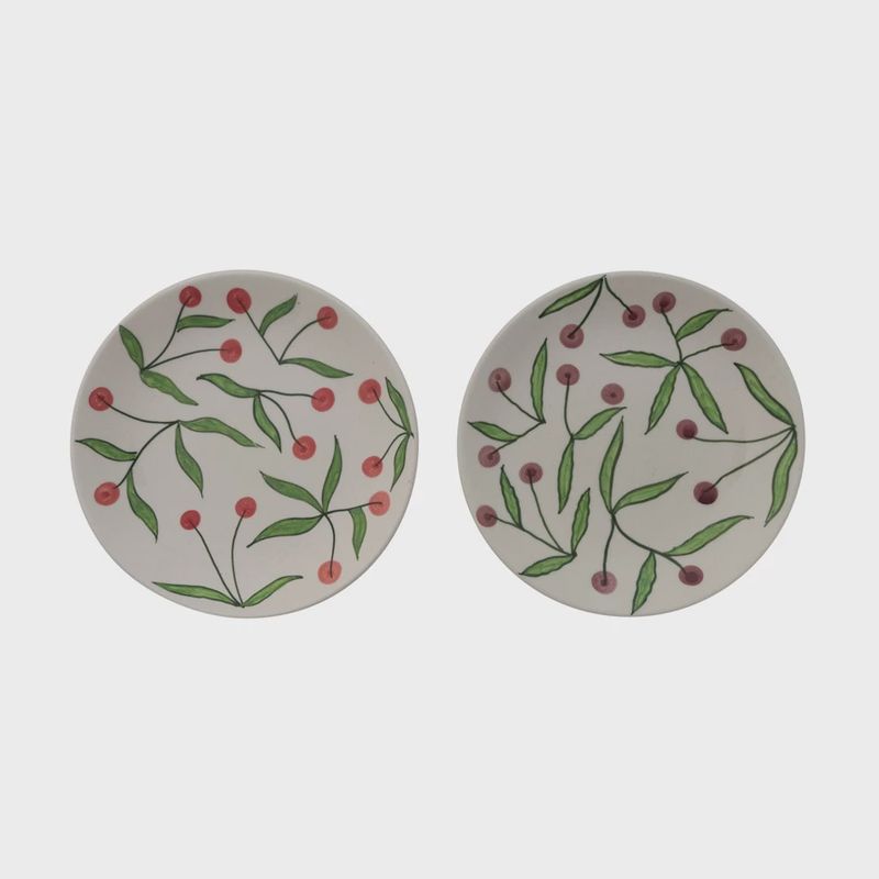 Round Hand-Painted Stoneware Plate with Cherries
