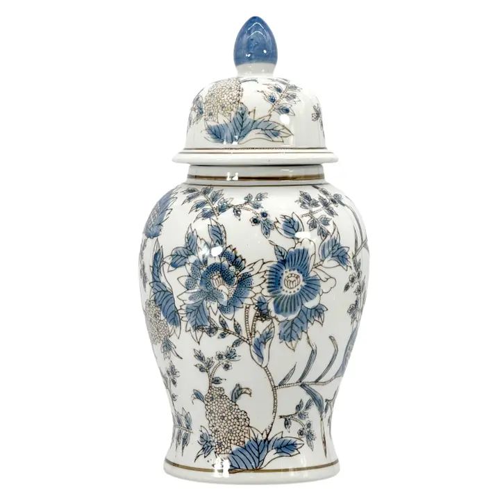 White and Blue Chinoiserie Ginger Jar; 14"
