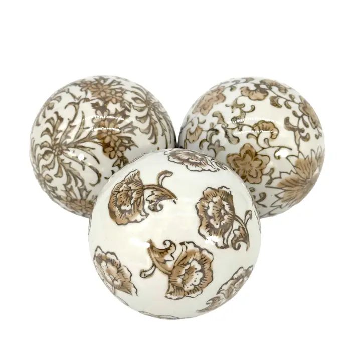 Set of Three Floral Ceramic Ball Decor; Vase Filler