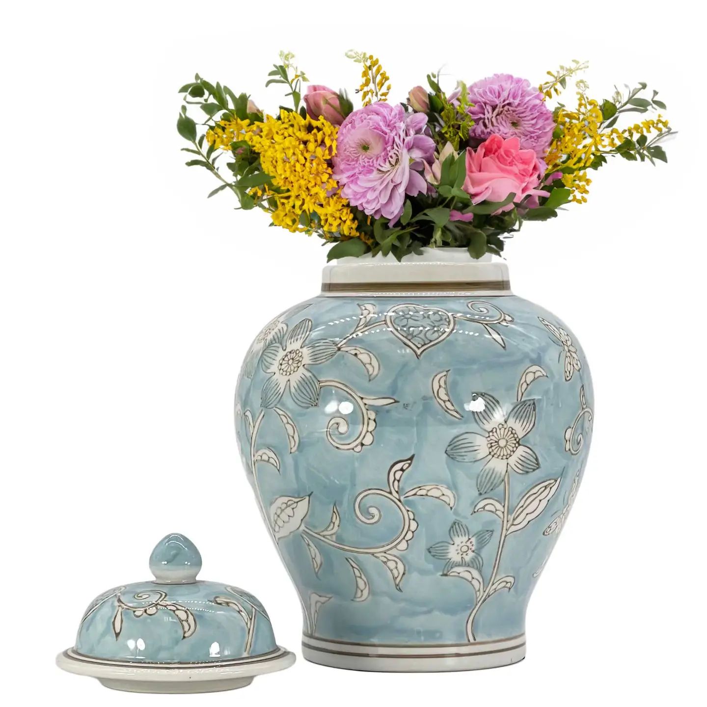 Floral Chinoiserie Ceramic Ginger Jar; 12" Seafoam Color