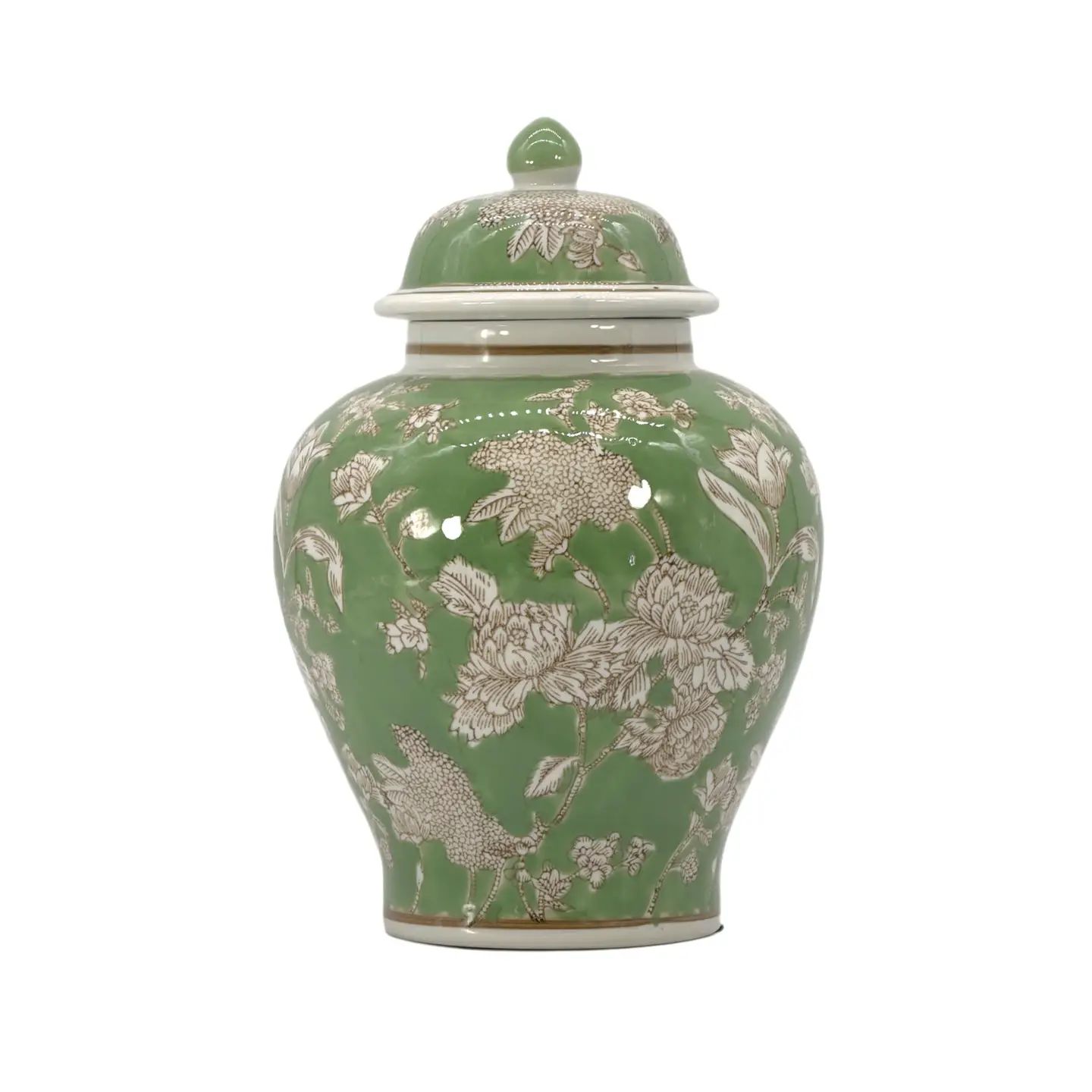 Floral Chinoiserie Ceramic Ginger Jar; Green and White