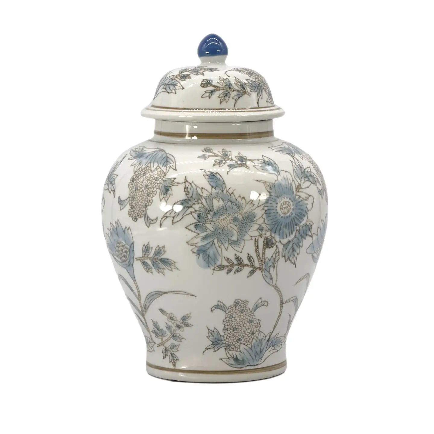 Floral Chinoiserie Ceramic Ginger Jar; 12" Blue and Light Blue