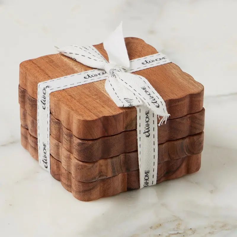Coasters; Set of Four Wood, Scalloped Detail