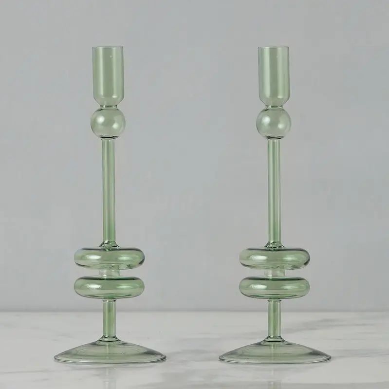 Candlestick Pair; Glass; Sage Green; 10" H