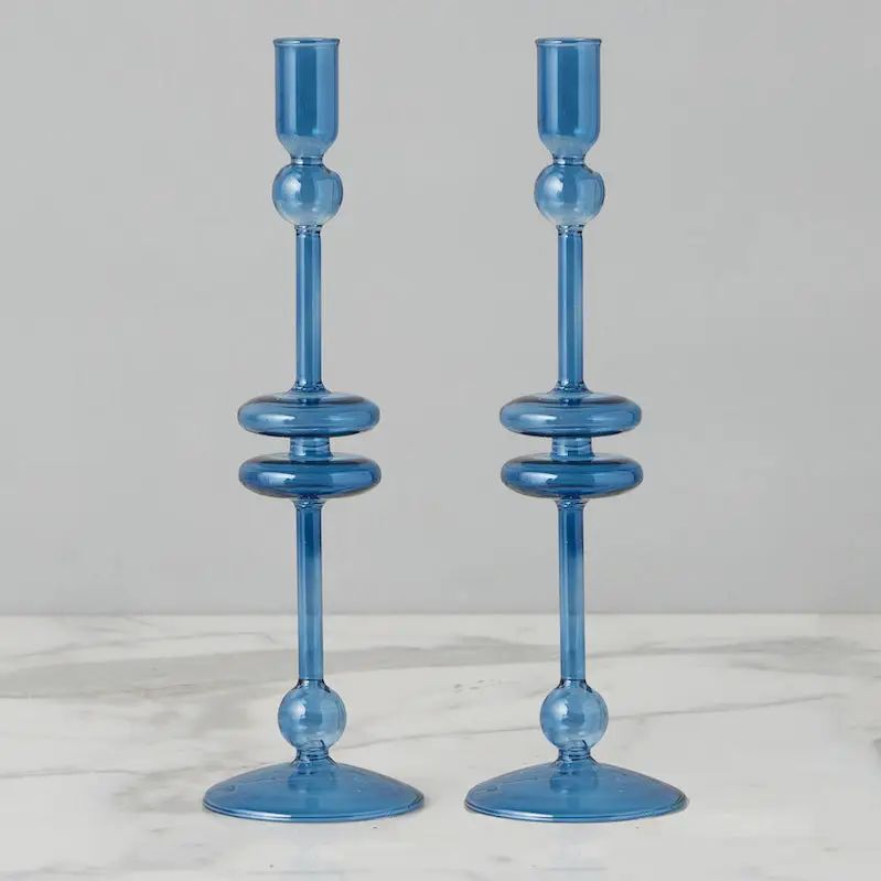Candlestick Pair; Glass; Sapphire Blue; 12"