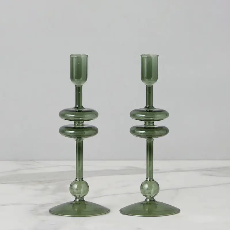 Candlestick Pair; Glass; Emerald; 9 Candlestick Pair; Glass; Emerald; 9" H