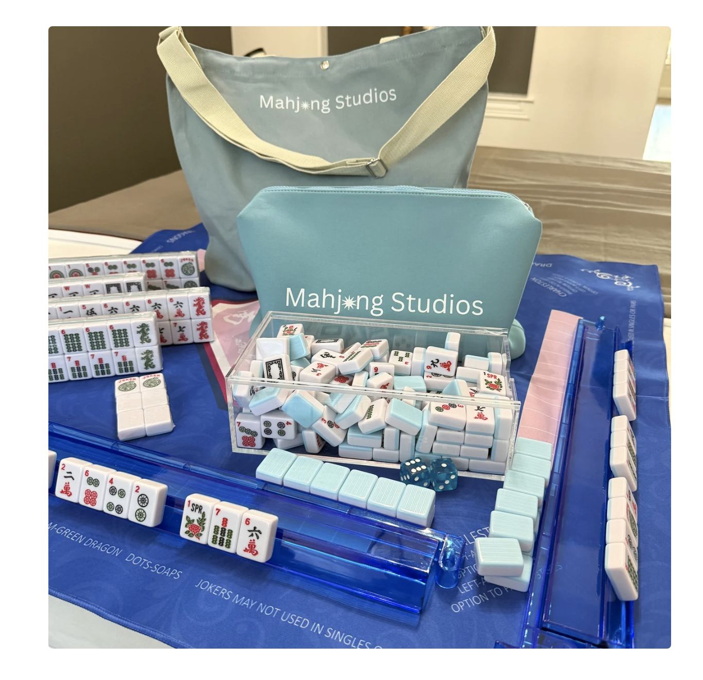 Blue MahJong Tiles Bundle; American Racks, Bag, Mat, Tiles Blue MahJong Tiles Bundle; American Racks, Bag, Mat, Tiles