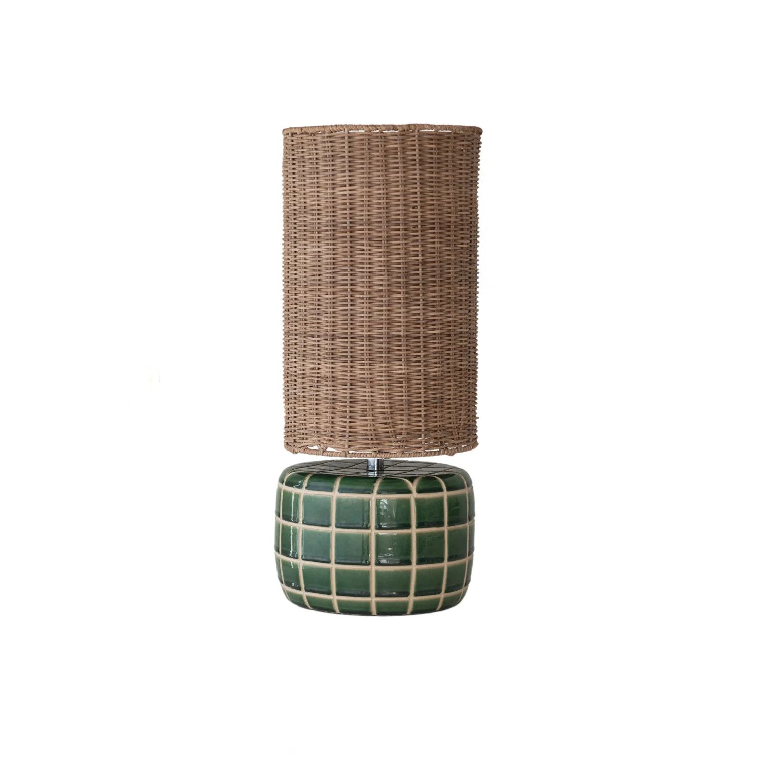 Ceramic Tiled Lamp; Green with Rattan Shade Ceramic Tiled Lamp; Green with Rattan Shade