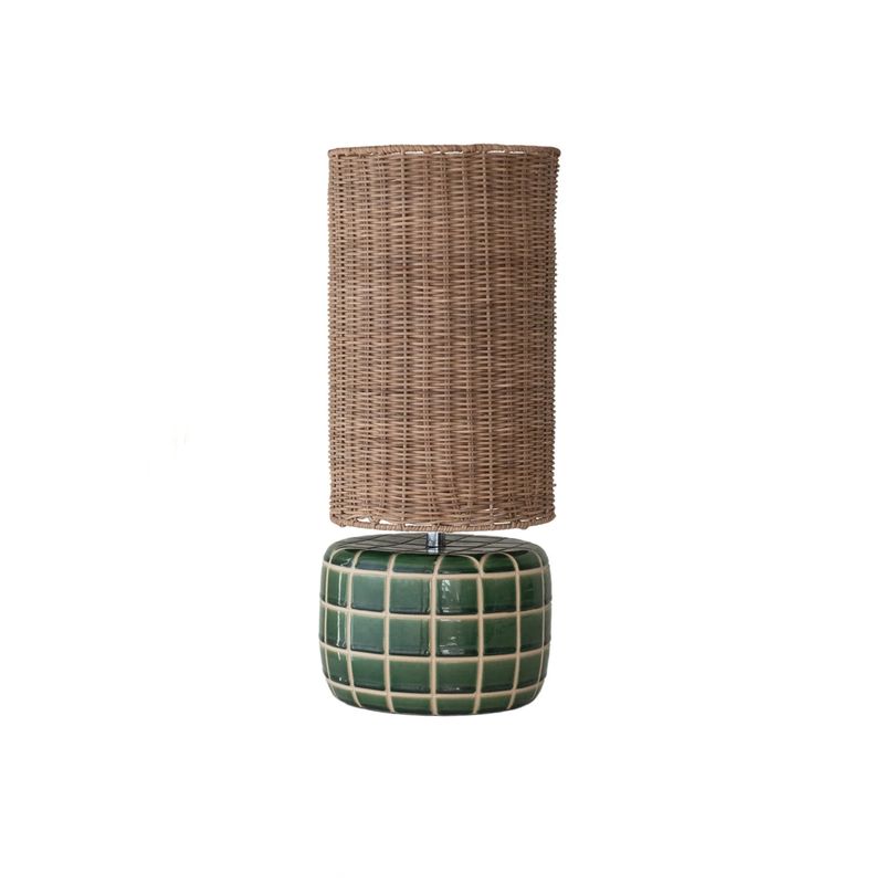 Ceramic Tiled Lamp;  Green with Rattan Shade