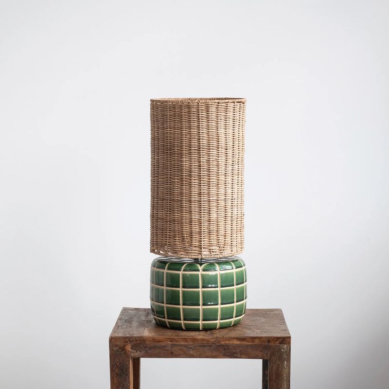Ceramic Tiled Lamp;  Green with Rattan Shade