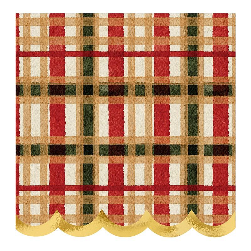 Scalloped Cocktail Napkins - Beige Plaid