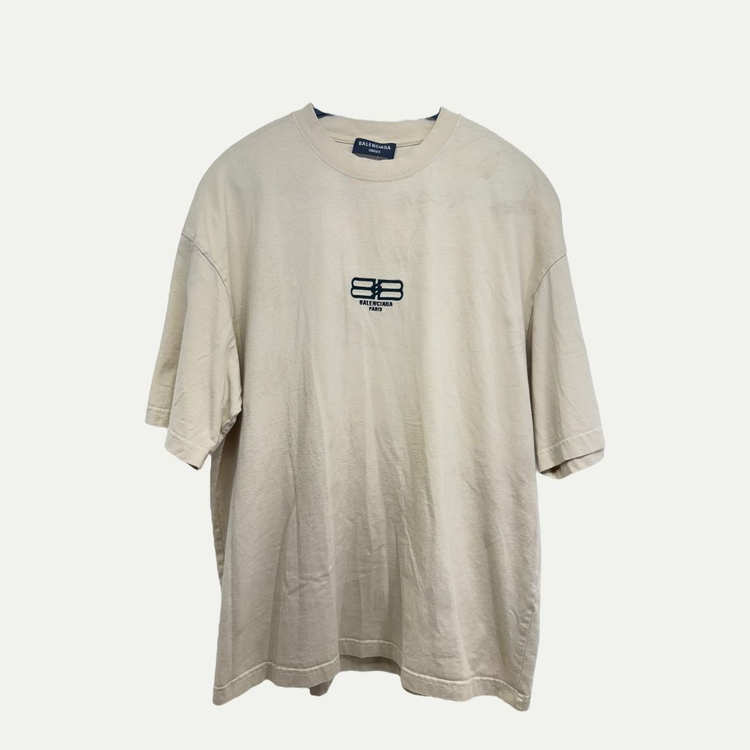 Balenciaga Embroidered Logo Cream Tee Sz M