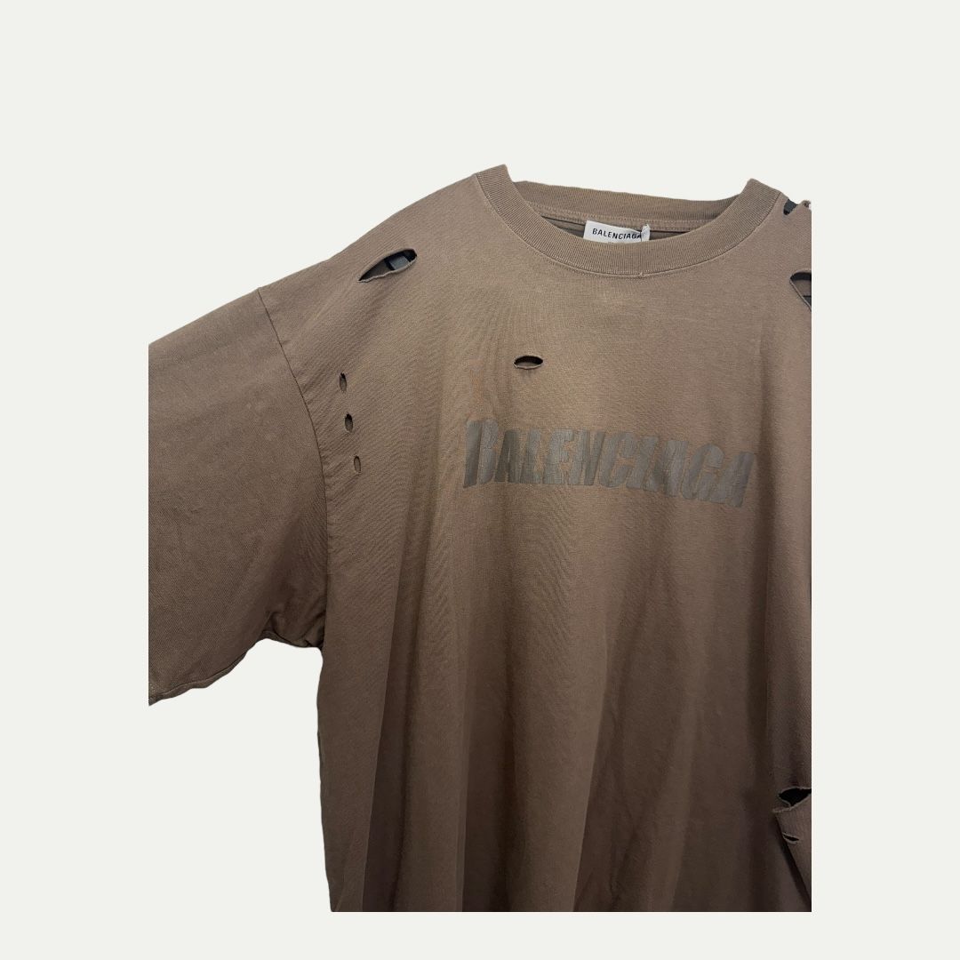 Balenciaga Distressed Brown Logo Tee Sz S(XL)