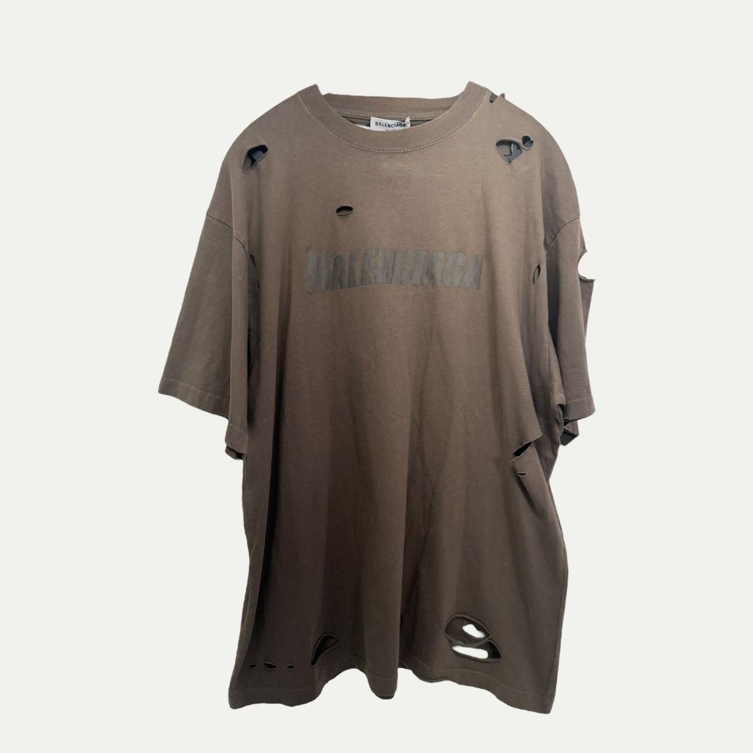 Balenciaga Distressed Brown Logo Tee Sz S(XL)