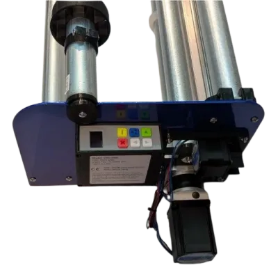60 inch automated roll cutter with control panel, motor, and feed rollers
