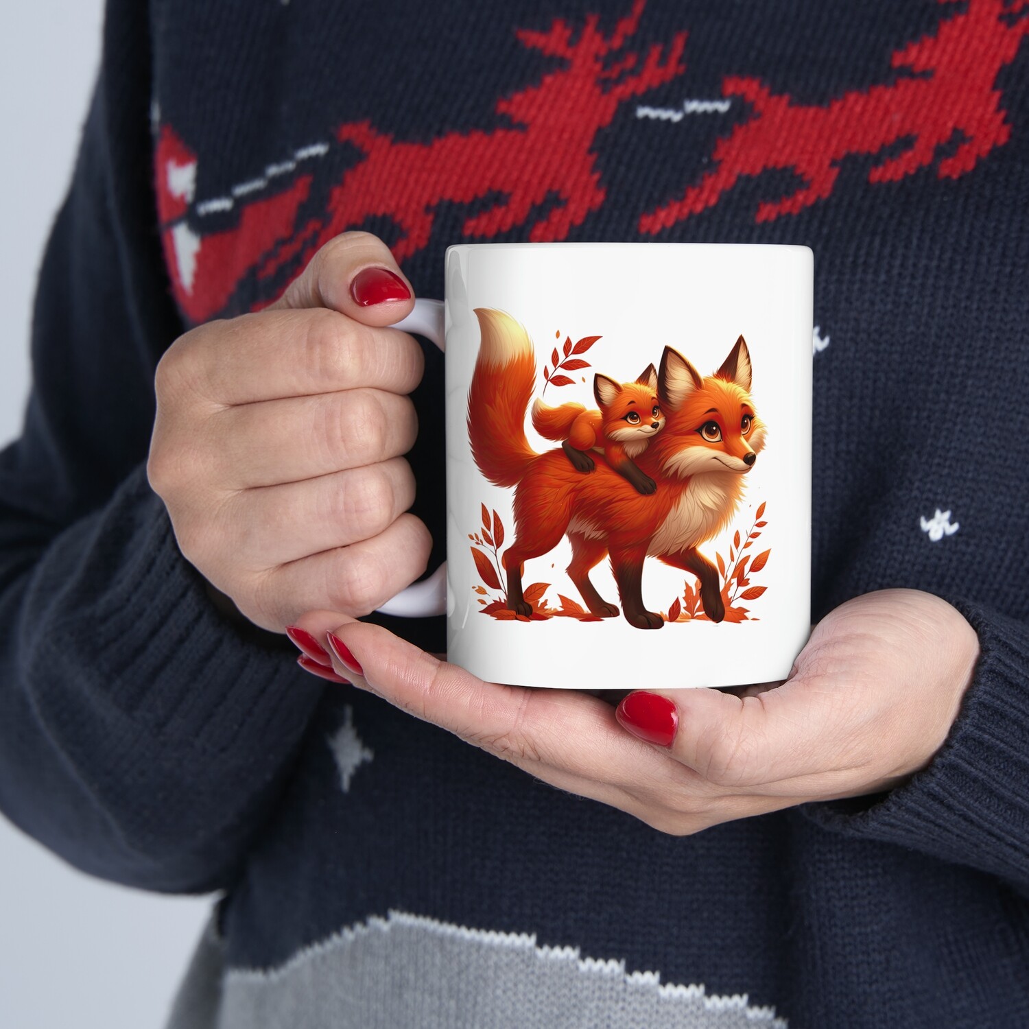 Cute Mother Fox Carrying Baby Fox on Her Back #momlife Ceramic Mug, 11oz.