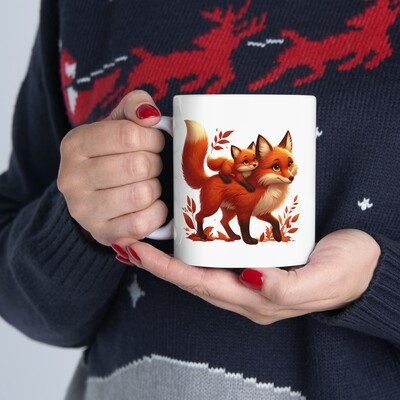 Cute Mother Fox Carrying Baby Fox on Her Back #momlife Ceramic Mug, 11oz.