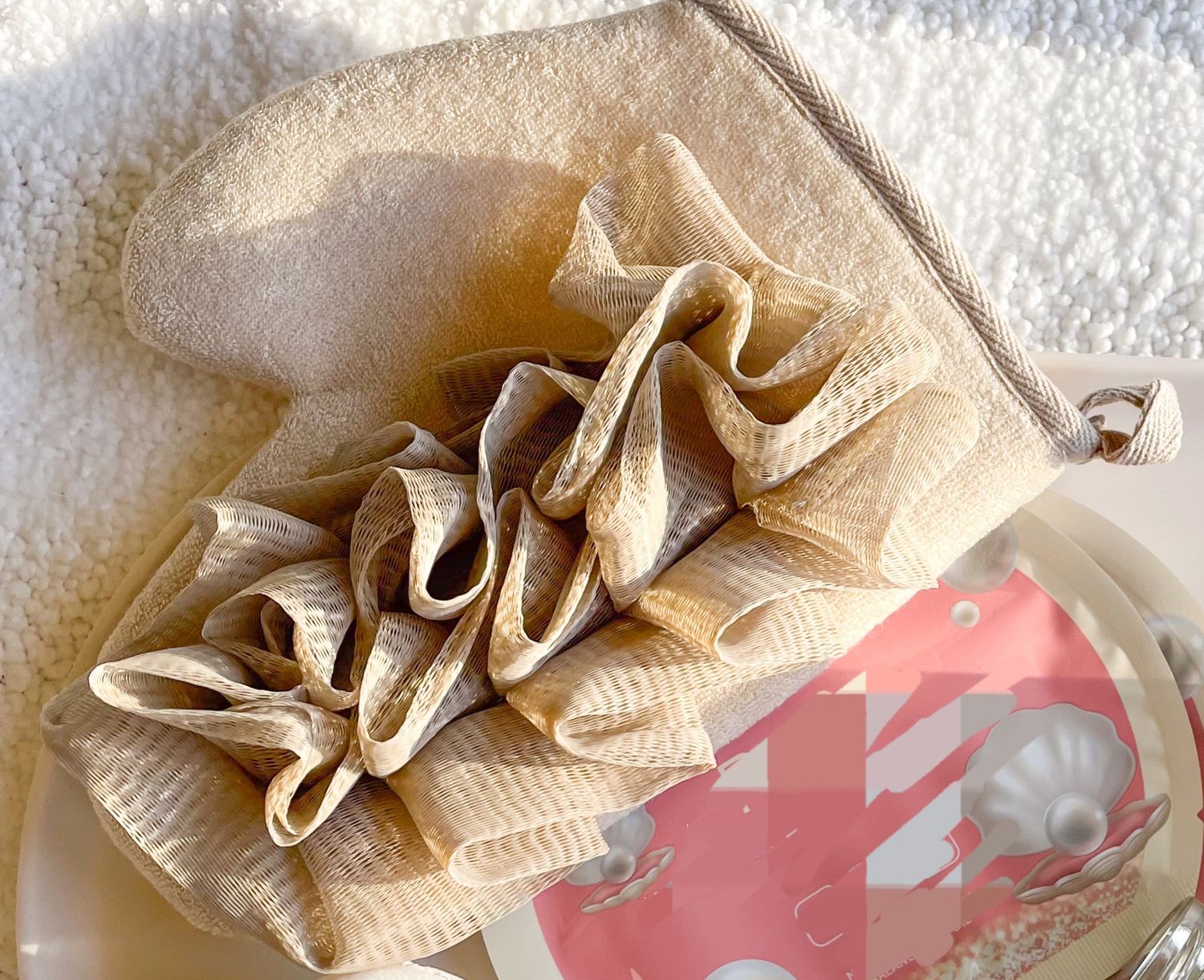 Beige Loofah Glove for Bath &amp; Shower – Mild Exfoliation for Soft, Glowing Skin