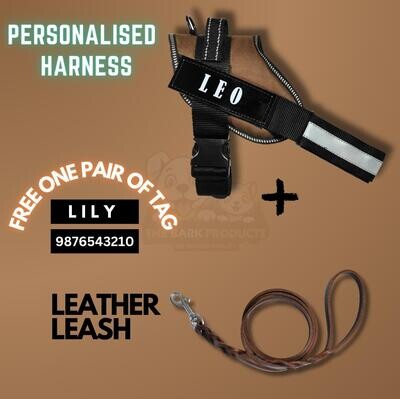 PERSONAISED DOG HARNESS-BROWN WITH LEATHER LEASH