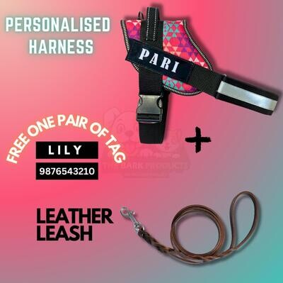PERSONAISED DOG HARNESS-DIAMOND WITH LEATHER LEASH