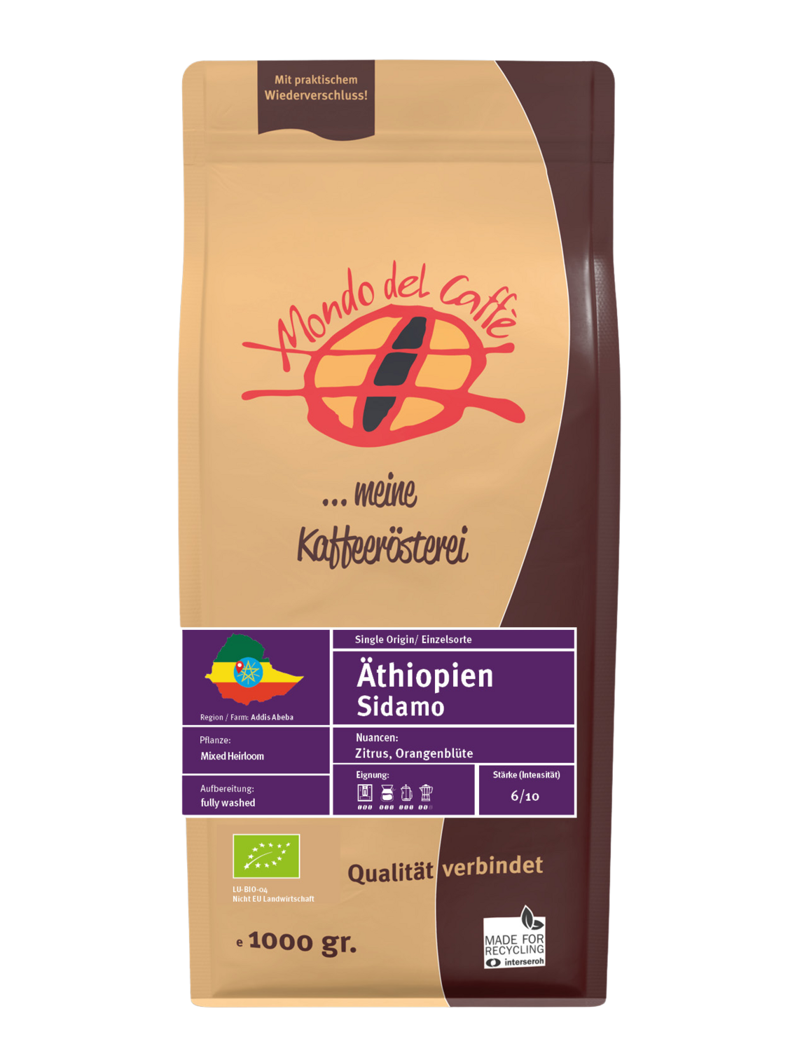 ÄTHIOPIEN BIO SIDAMO GRADE II Röstkaffee ganze Bohne oder gemahlen 100 % Arabica, Bio zertifiziert 250g