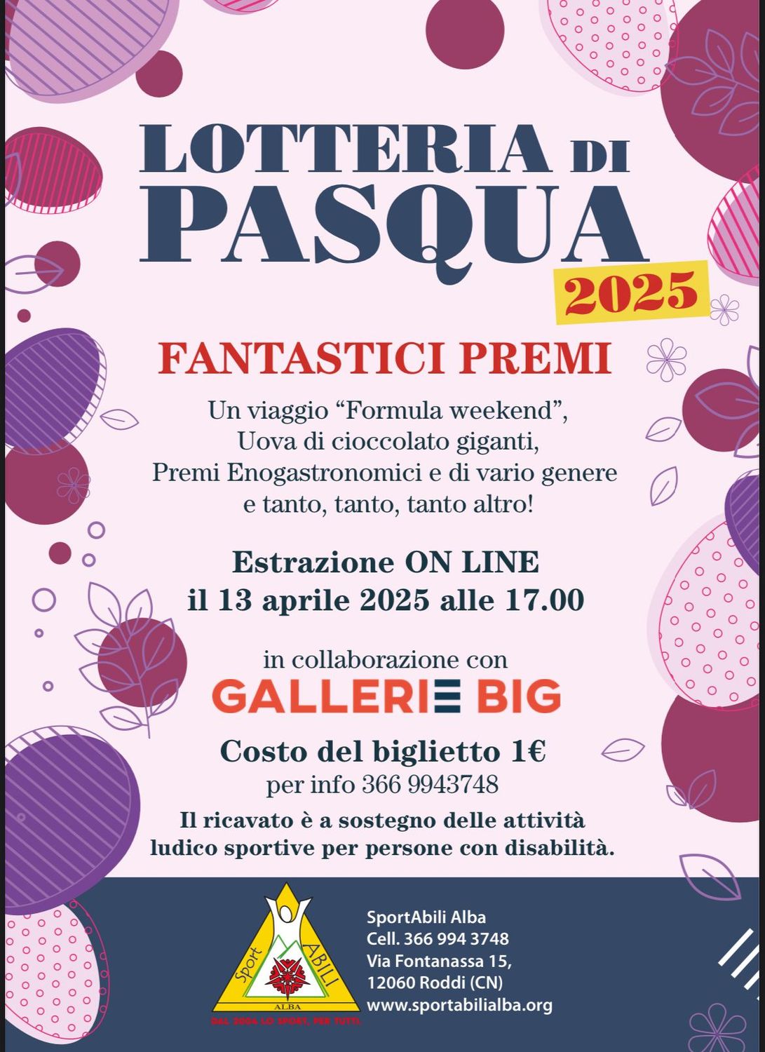 BIGLIETTO DELLA LOTTERIA PASQUA 2025 SPORTABILI ALBA
