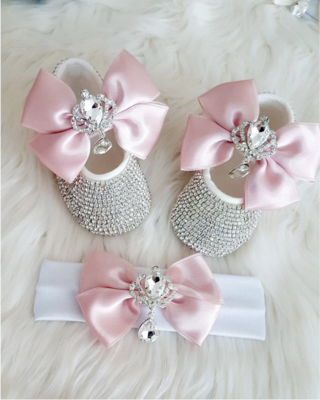 Handmade Shoes and Headband Set (WHITE &amp; PINK ) -SIZE 0-3 MONTHS