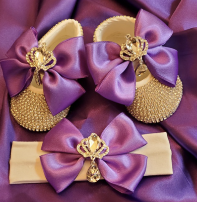 Handmade 2 Pieces Shoes and Headband Set (WHITE &amp; PURPLE )
