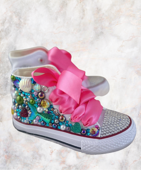 Handmade Little Mermaid Shoes | Blinged Kids High top Sneakers | Birthday Party Shoes | Toddler Girls