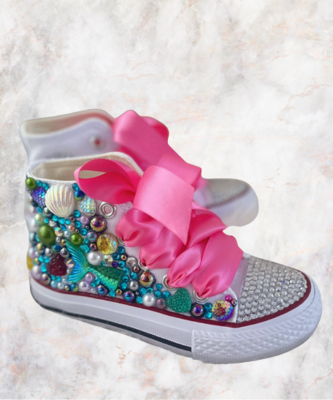 Handmade Little Mermaid Shoes | Blinged Kids High top Sneakers | Birthday Party Shoes | Toddler Girls