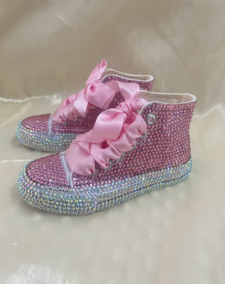 Pink And Silver Crystal Hand Made Girls Sneakers | Party Shoes | Birthday Party Shoes | Toddler Girls | Rhinestone Shoes
