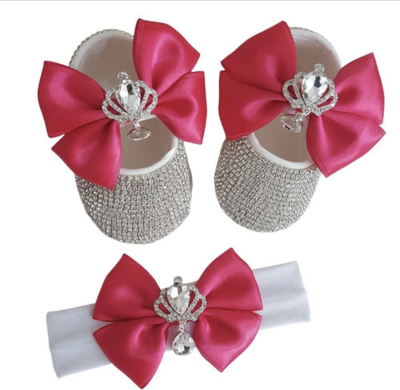 Handmade  Shoes and Headband Set (Crown WHITE &amp; HOT PINK )