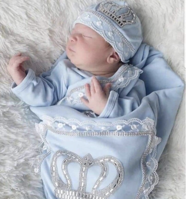 Luxury 10-Piece Baby boy Hospital Exit Outfit (Baby blue + Silver Crown)