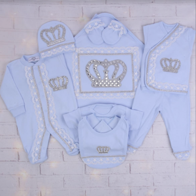 Luxury 10-Piece Baby boy Hospital Exit Outfit (Baby blue + Silver Crown)
