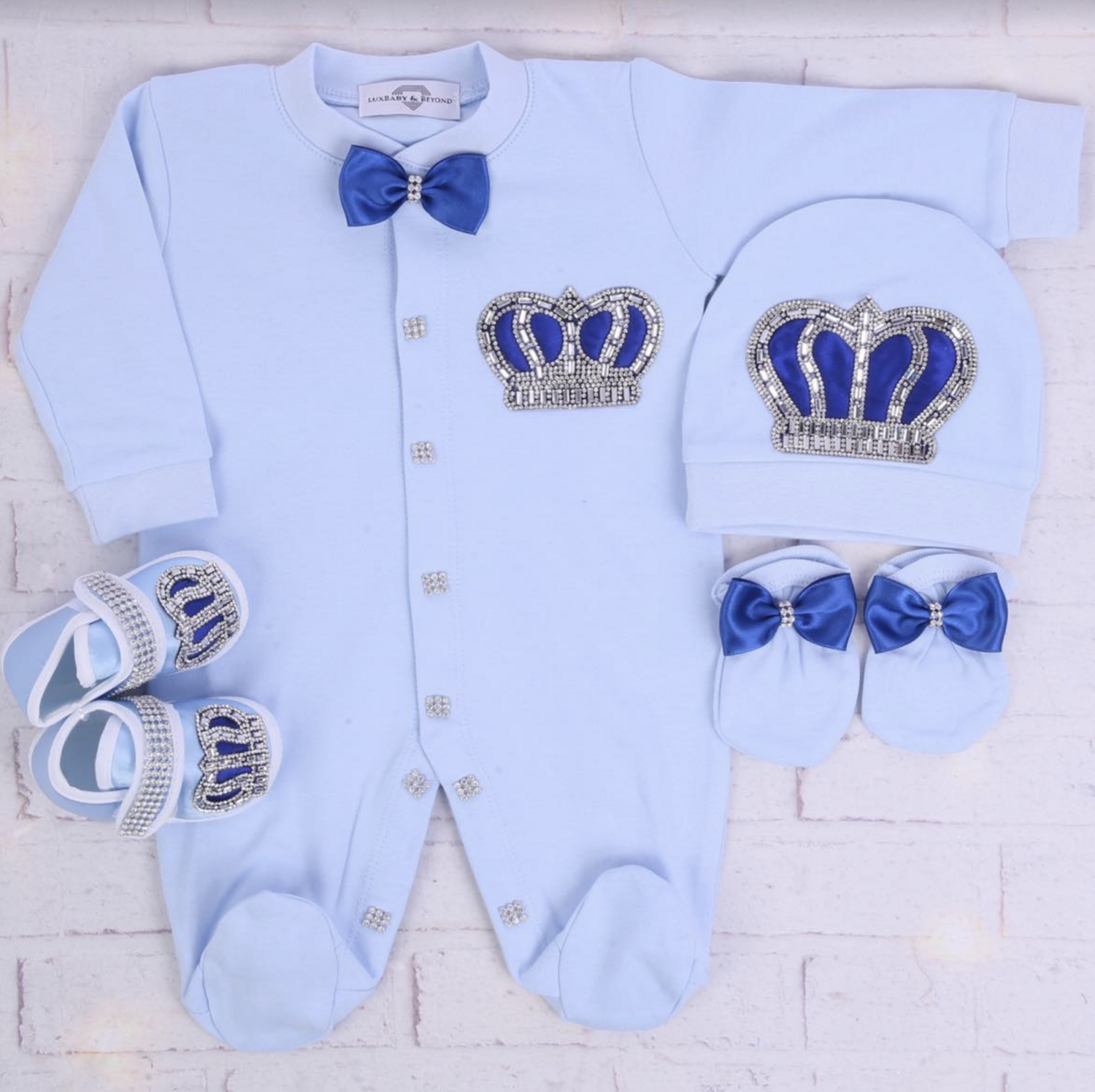 Luxury 5-Piece Baby boy Hospital Exit Outfit  Silver Crown  (Blue with Royal blue bow)