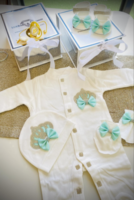 𝗟𝘂𝘅𝘂𝗿𝘆 𝗡𝗲𝘄𝗯𝗼𝗿𝗻 Home Welcoming 4-Piece 𝗢𝘂𝘁𝗳𝗶𝘁 (Pastel green/paste bow with Silver Crown + wings)
