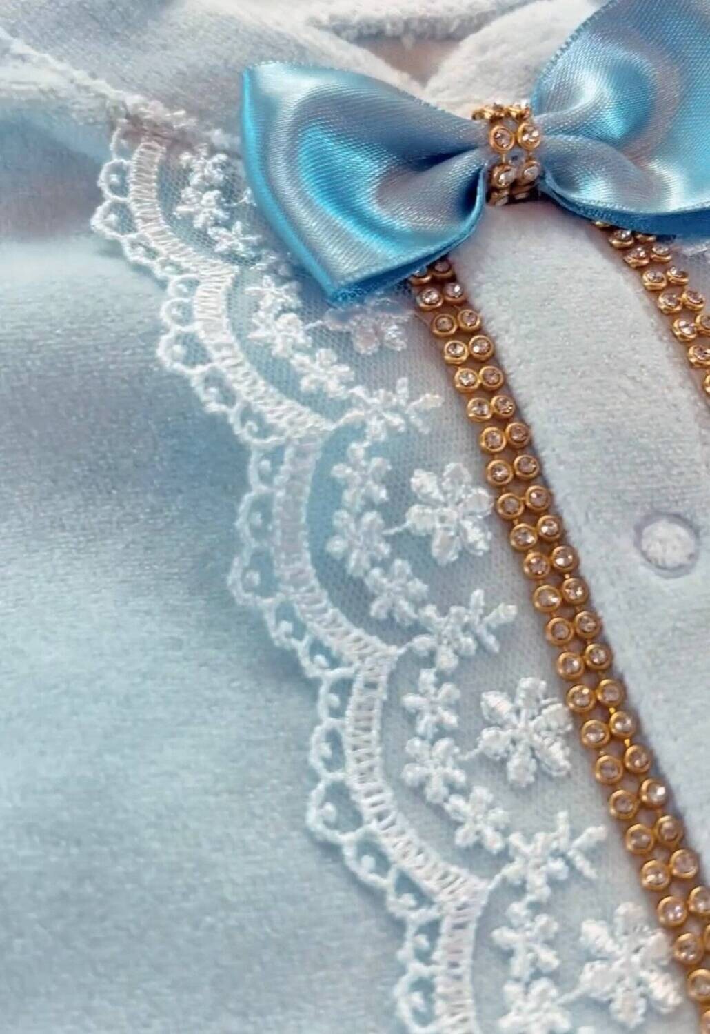 3pcs Velvet Crown Baby boy Hospital Exit Bling Outfit  (Blue  + Golden Crown)