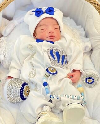 Luxury 6-Piece Velvet Baby boy Hospital Exit Outfit ( Royal blue bow, + Silver Crown)