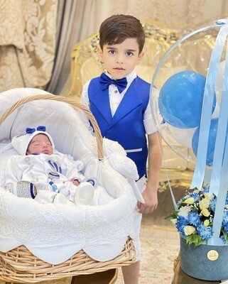 Luxury 10-Piece Baby Boy Hospital Exit Outfit + Matching Set for Big Brother (White, Royal Blue Bow + Silver Crown)