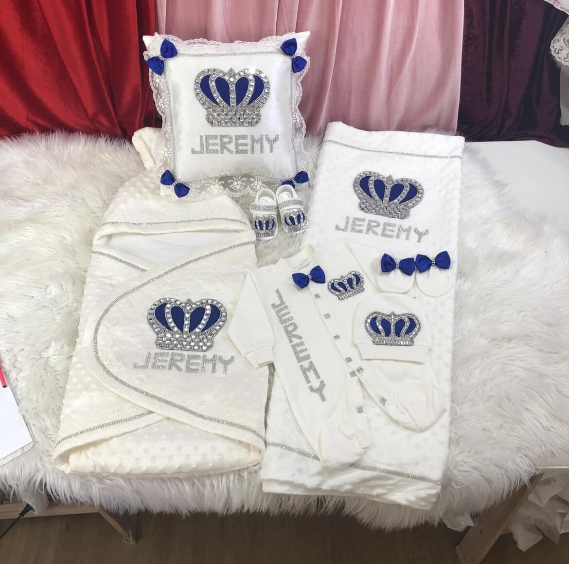 Luxury 7-Piece Velvet Baby boy Hospital Exit Outfit ( Royal blue bow + silver Crown)