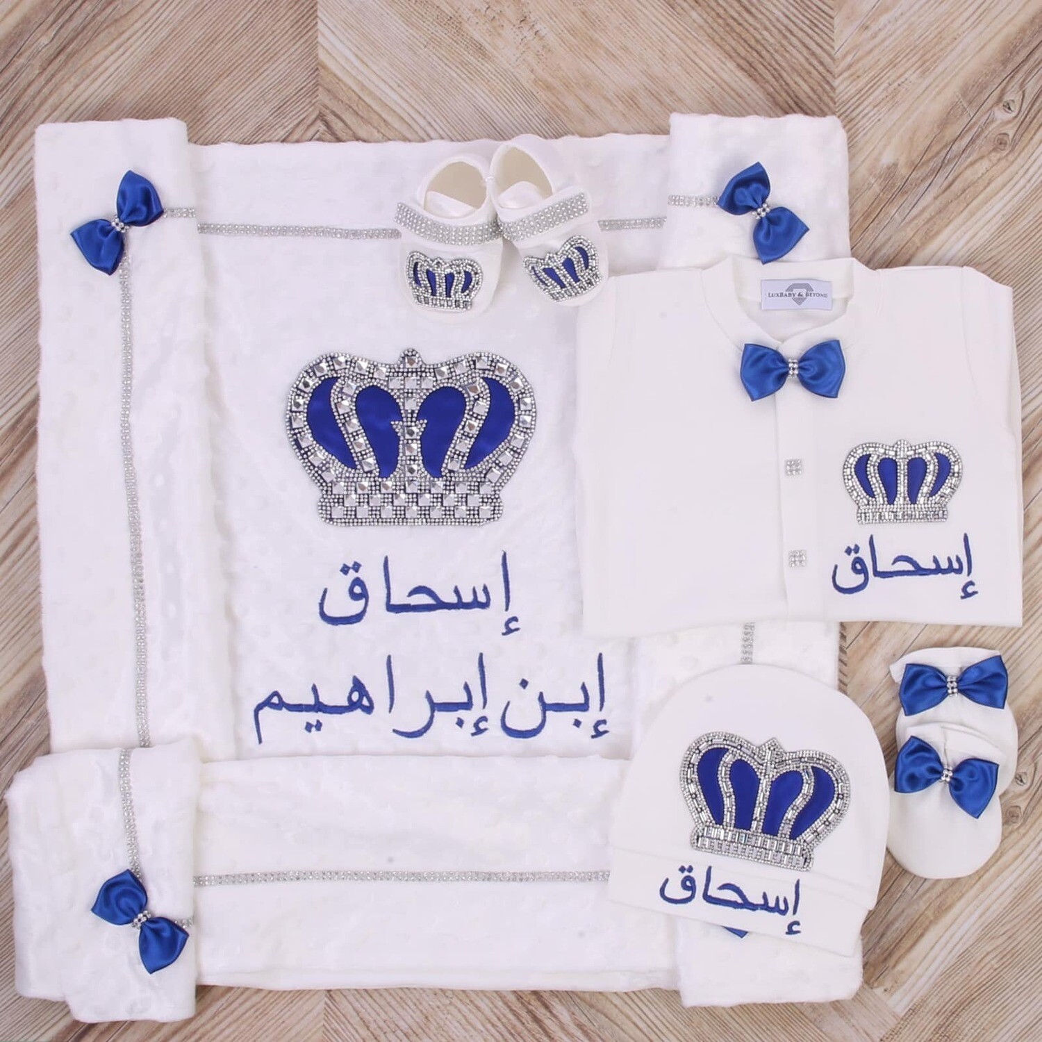 Luxury 5-Piece Baby boy Hospital Exit Outfit ( Royal blue bow, + Silver Crown)