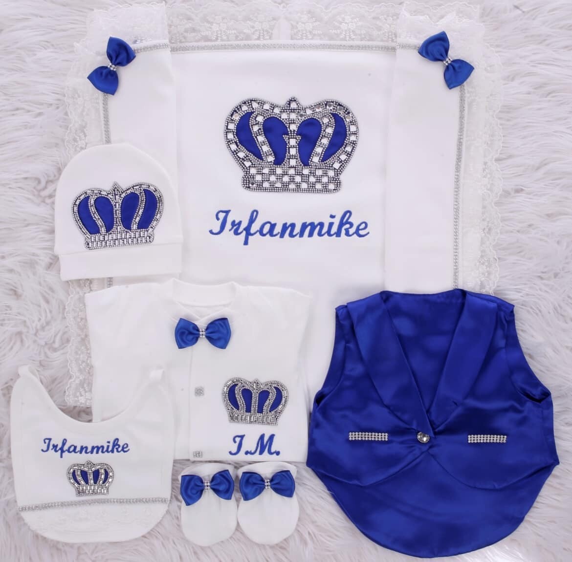 Luxury 6-Piece Velvet Baby boy Hospital Exit Outfit ( Royal blue bow, + Silver Crown)