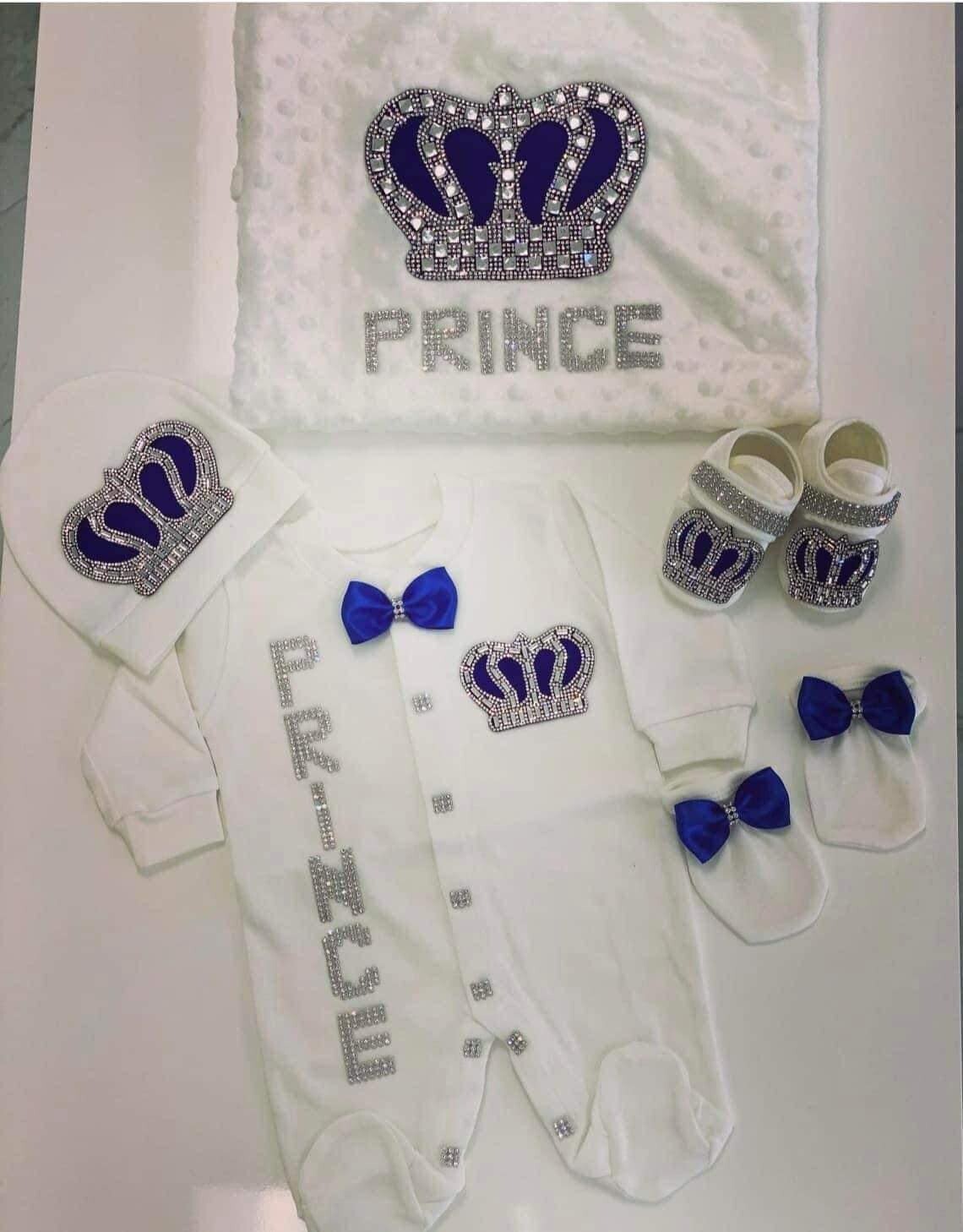 Luxury 7-Piece Velvet Baby boy Hospital Exit Outfit ( Royal blue bow + silver Crown)