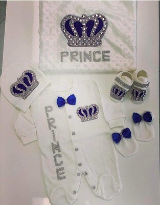 Luxury 7-Piece Velvet Baby boy Hospital Exit Outfit ( Royal blue bow + silver Crown)