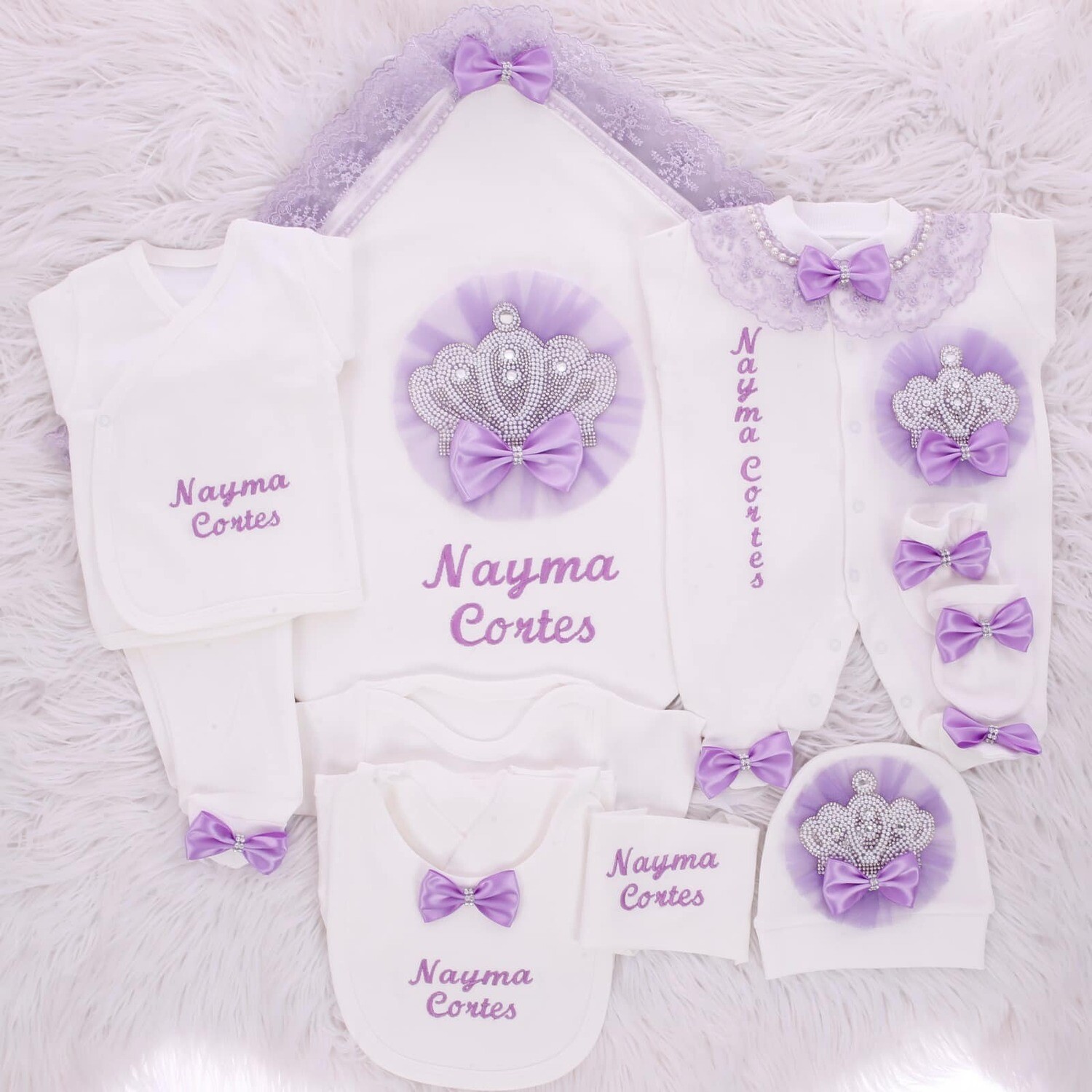 Luxury 10-Piece Baby Girl Hospital Exit Outfit (Lilac Lace &amp; bow, Pearl + Silver Crown)