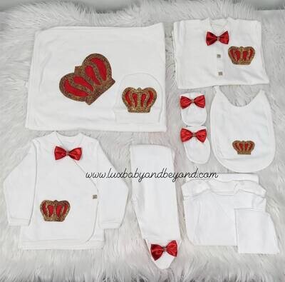 Luxury 10-Piece Baby boy Hospital Exit Outfit (Red bow, Pearl + Golden Crown)