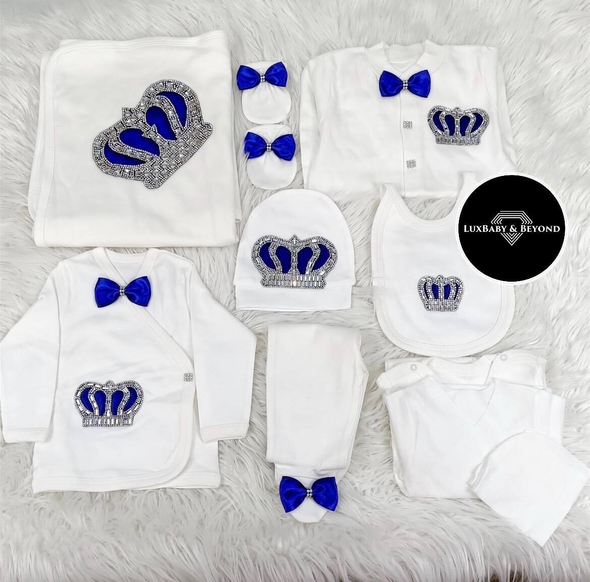 Luxury 10-Piece Baby boy Hospital Exit Outfit (Royal blue bow + Silver Crown)