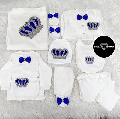 Luxury 10-Piece Baby boy Hospital Exit Outfit (Royal blue bow + Silver Crown)